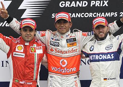 Lewis Hamilton, Felipe Massa and Nick Heidfeld on the Podium at the Belgian Grand Prix